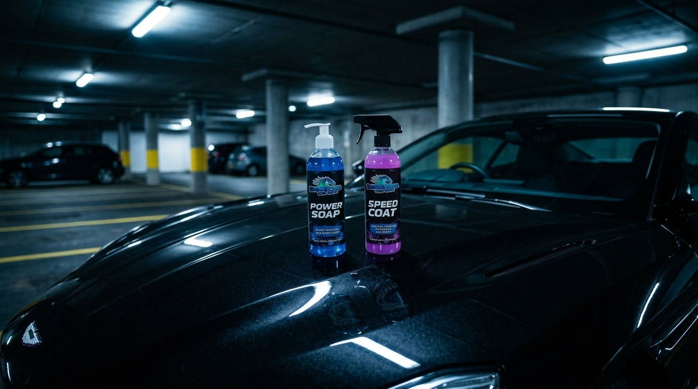 Dark Horse 2-Step Bundle - Lifestyle Shot - Power Soap and Speed Coat on Luxury Car