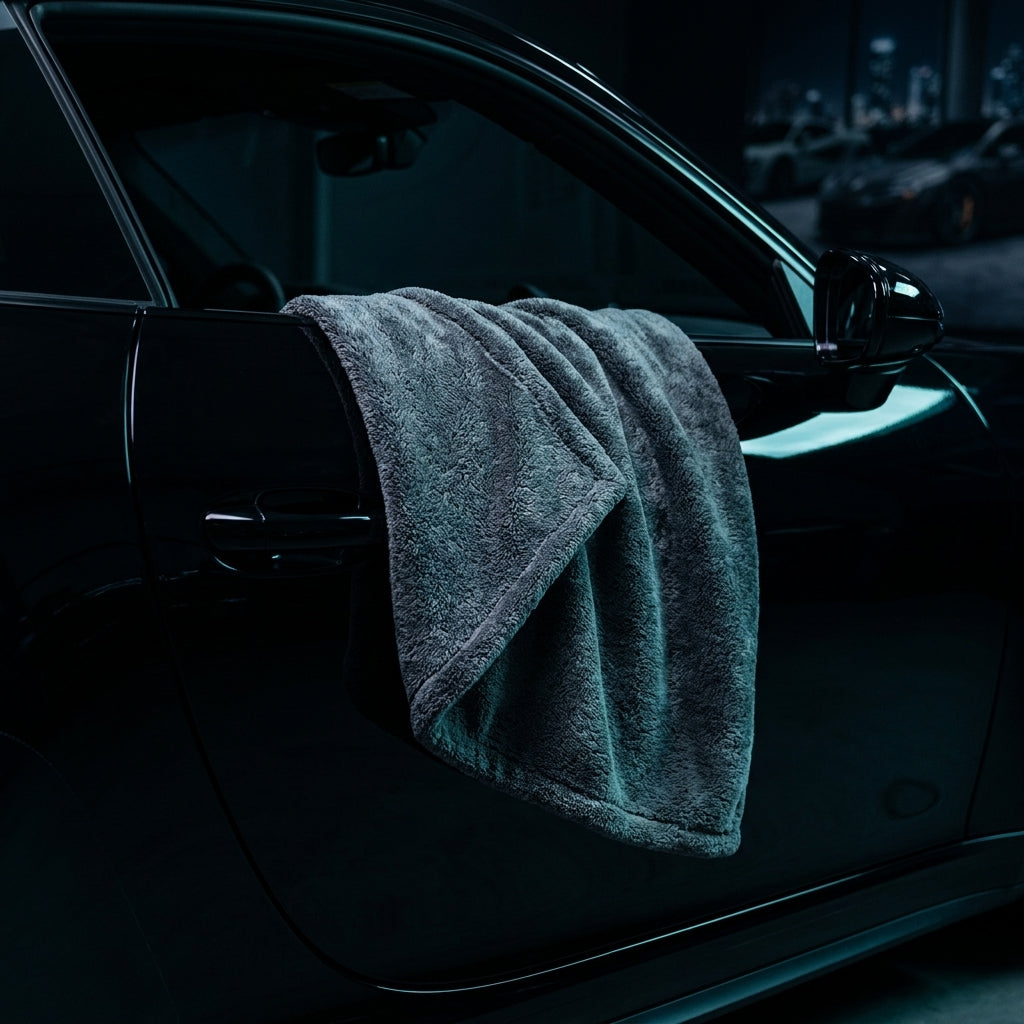 Dark Horse Drying Towel - Draped over luxury car door